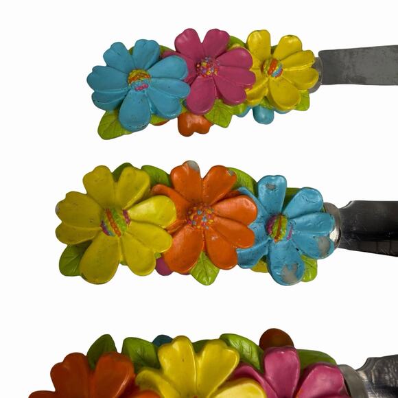 Set of 4 Flower Handle Spreaders Stainless Steel Colorful Cheese Butter Knives - Picture 5 of 6